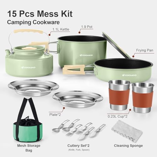 Odoland 19pcs Camping Cookware Mess Kit, Non-Stick Pot Pan Kettle Set for 2 - Image 2