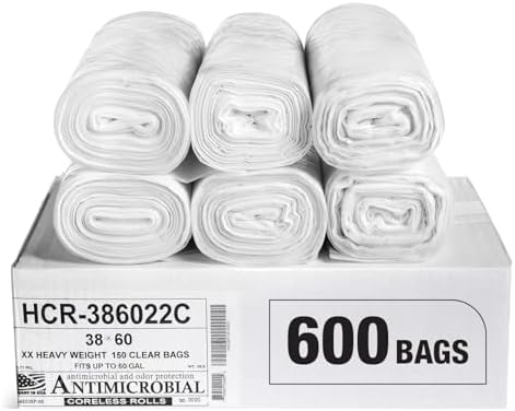Aluf Plastics 60 Gallon 22 Micron (eq) Clear Trash Bags, 38" x 60" 600 Bags by AlufPlastics