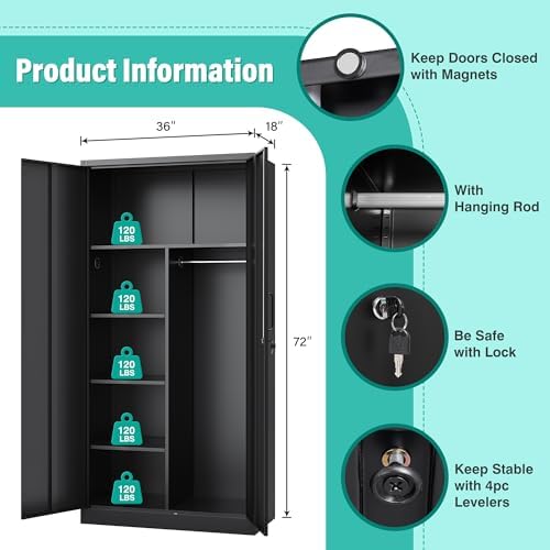 Wide & Deep Metal Storage Cabinet with Hanging Rod,Black Broom Closet Storage Cabinet with Lock,72" Tall Wardrobe Cabinets with Doors and Shelves,Locking Steel Tool Cabinets for Home,Office,Garage - Image 3