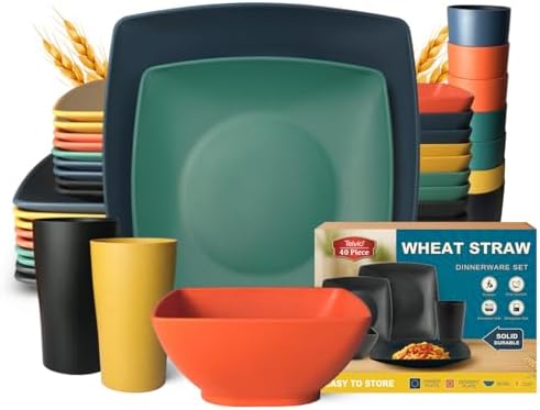 Teivio 40-piece Plates and Bowls Sets for 10,Plastic Square Dinnerware Sets by Teivio
