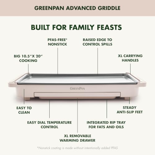 GreenPan Advanced 10.5”x 20” Electric Griddle with Warming Drawer, Ceramic Nonstick PFAS-Free Coating, Temperature Control, Easy and Versatile Countertop Meals, Dishwasher Safe, Clay - Image 4
