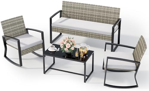 Ahomly 4 Piece Outdoor Furniture Set with Rocking Chairs, Light Grey by Ahomly