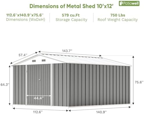 Patiowell 10x12 FT Metal Outdoor Storage Shed, Gray - Image 4