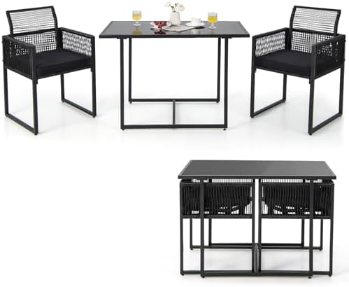 Tangkula 3 Pieces Outdoor Dining Set, PE Rattan Patio Furniture Set with Folding Backrest, Cozy Seat Cushions, Tempered Glass Tabletop, Space-Saving Bistro Table and Chairs Set of 2 for Backyard Pool by TANGKULA