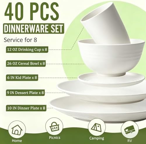 40 PCS Wheat Straw Dinnerware Sets, Service for 8 - Dinner Plates, Cereal Bowls, Drinking Glasses, Unbreakable Plastic Plates and Bowls Sets, Dishwasher and Microwave Safe for Kitchen - White - Image 2
