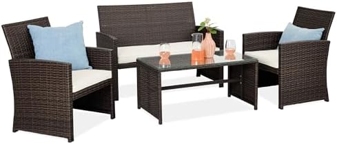 Best Choice Products 4-Piece Outdoor Wicker Patio Conversation Furniture Set for Backyard w/Coffee Table, Seat Cushions - Brown/White Sand by BestChoiceProducts