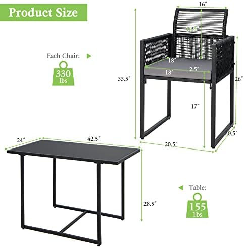 Tangkula 3 Pieces Outdoor Dining Set, Patio PE Rattan Furniture Set with Folding Backrest, Cozy Seat Cushions, Tempered Glass Tabletop, Space-Saving Rattan Chair Table Set for Backyard, Poolside - Image 4
