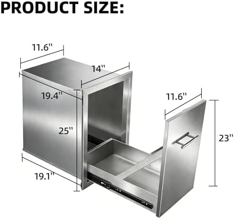 Pull-Out Trash Can Drawer Cabinet 14" x 25.7" x 19.4" Stainless Steel Outdoor Kitchen Trash Cabinet, Flush Mount BBQ Island Trash Drawer for Patios & Grilling Stations - Image 2