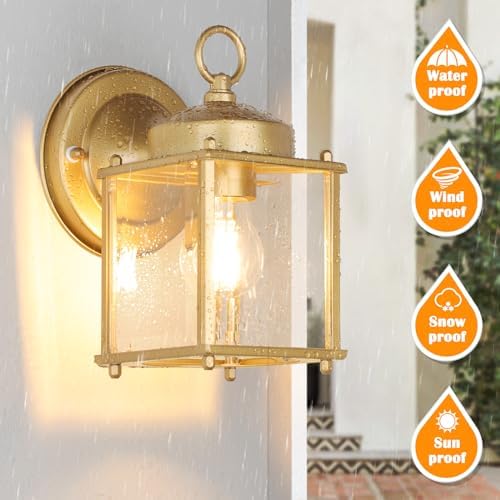 MATAMEYE Outdoor Wall Lantern, Exterior Waterproof Wall Sconce Light Fixtures, Gold Front Door Lighting with Clear Beveled Glass Shade, 2 Pack - Image 3