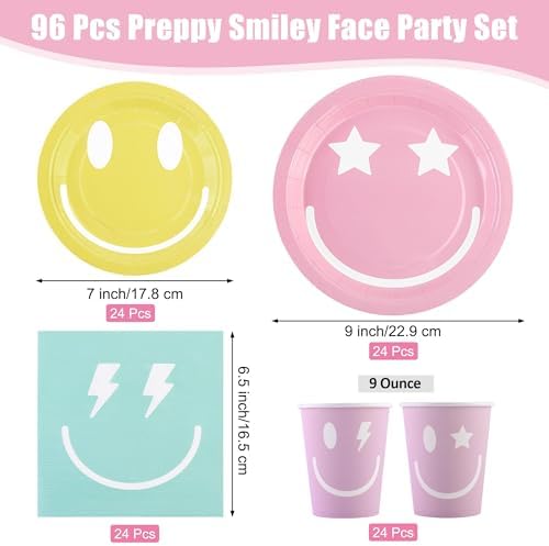 Kochorie 96 Piece Preppy Smiley Face Party Paper Plates Preppy Smile Face Party Decorations Preppy Tableware Set Paper Smile Face Plates Cups Napkins Cutlery Serve 24 Guest for Birthday or Baby Shower - Image 2