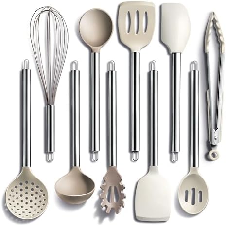 COOK WITH COLOR Silicone Cooking Utensils, Kitchen Utensil Set, Easy to Clean Silicone Kitchen Utensils, Cooking Utensils for Nonstick Cookware, Kitchen Gadgets Set, 10 Pieces, Brown by CookwithColor