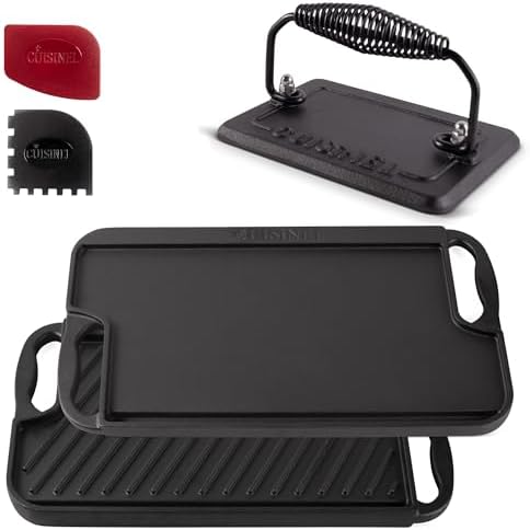 Cuisinel Cast Iron Griddle/Grill + Burger Press + Pan Scrapers - Reversible Pre-Seasoned 16.75" X 9.5"-inch Dual Handle Flat Skillet and Griller Pan + Cleaning Accessories - Indoor/Outdoor Stove Safe by Cuisinel