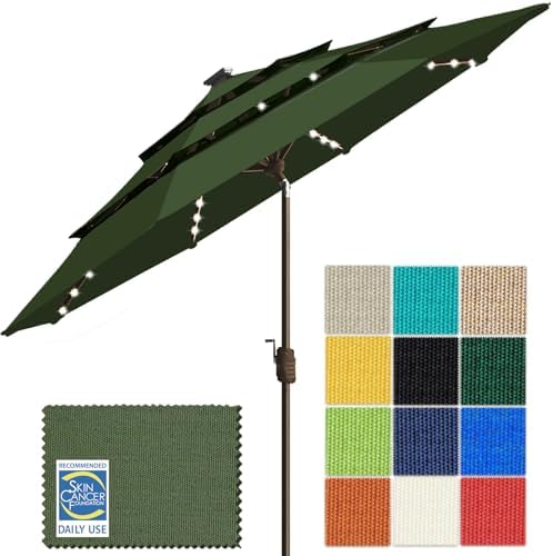 EliteShade USA 10-Year-Non-Fading 9ft 3-Tier Market Patio Umbrella, Commercial Table Umbrella with 80 Solar LED Lights, Crank Open, Windproof & UPF 50+ UV Protection for Garden, Deck, Pool, Backyard, Fern by EliteShade