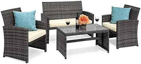 Best Choice Products 4-Piece Outdoor Wicker Patio Conversation Furniture Set for Backyard w/Coffee Table, Seat Cushions - Gray/Cream by BestChoiceProducts