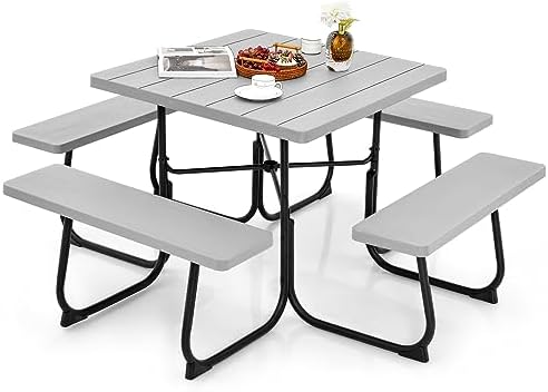 Tangkula 8 Person Square Picnic Table with 4 Built-in Benches, Grey by TANGKULA