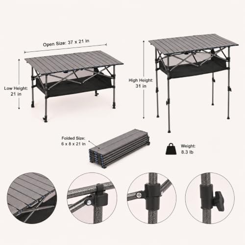 Portable Folding Camping Table, Adjustable Height, Black, 37 x 21 in - Image 2