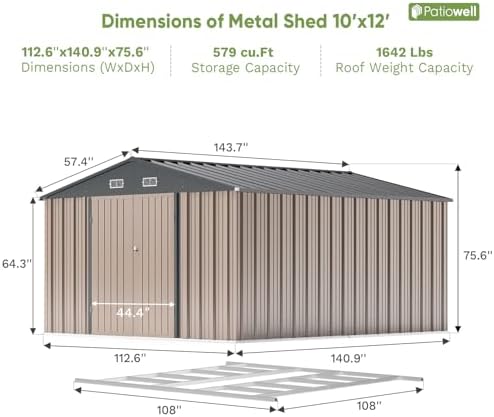 Patiowell 10 x 12 FT Metal Storage Shed for Outdoor with Floor Frame, Steel Yard Shed with Design of Lockable Doors, Utility and Tool Storage for Garden, Backyard, Patio, Outside use,Brown - Image 3