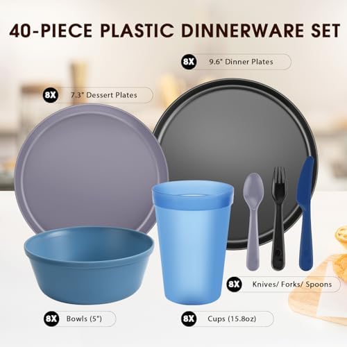 40 Piece Plastic Dinnerware Set for 8 with Cutlery, Unbreakable Plates and Bowls Set, Dishwasher & Microwave Safe Reusable Dish Set for Camping, RV, Outdoor Kitchen, Apartment Dining,Ocean Multicolor - Image 2