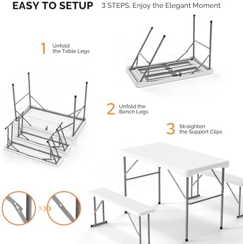 VINGLI Picnic Table Set with 2 Benches, 6 Feet Camping Table Chair Set, Heavy-Duty HDPE Material with Metal Frame, 3-Piece Folding Furniture for Indoor or Outdoor Use (3.5ft White) - Image 5