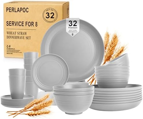 Wheat Straw Dinnerware Sets, Plates and Bowls Sets, 32 PCS Dinnerware Sets Service for 8, Unbreakable Reusable Plates Set, Outdoor Kitchen and Apartment Dinning Essentials - Gray by Perlapoc