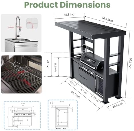 94" Stainless Steel Outdoor Kitchen Island with 6-Burner 85000 BTU,Heavy-Duty Propane Grill with Rotisserie Oven,Galvanized Steel Roof,Granite Countertops,Refrigerator,Sink.(Propane Gas) - Image 3