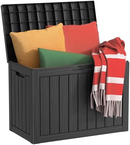 45 Gallon Waterproof Resin Deck Box, UV Resistant Outdoor Storage for Garden, Patio, Porch, Delivery, Striped Black by KFY