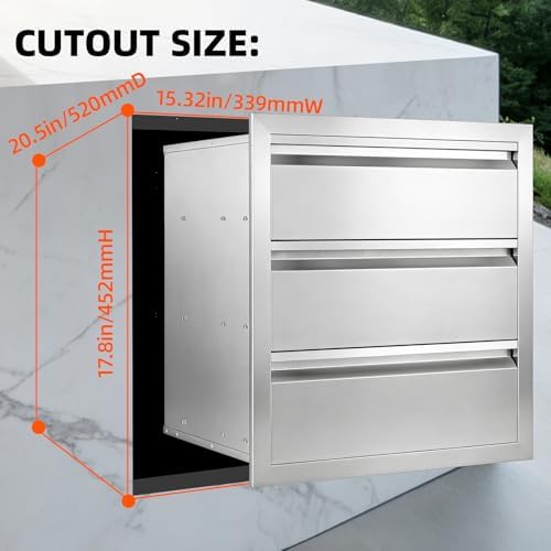 Outdoor Kitchen Drawers 18" x 20.5" x 20.5" Stainless Steel Triple Drawer Cabinet, Flush Mount Modular Storage for BBQ Islands & Patios - Image 5