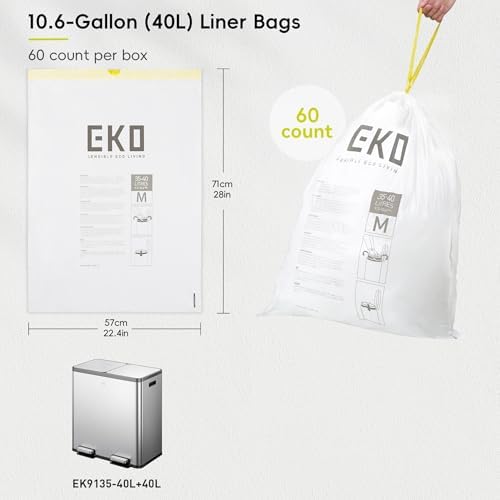 EKO 10.6 Gallon / 35–40 Liter Drawstring Trash Bags, 60 Count Heavy-Duty Tall Kitchen Garbage Can Liners, Extra-Strong Leak-Resistant, Unscented, White, Code M - Image 7