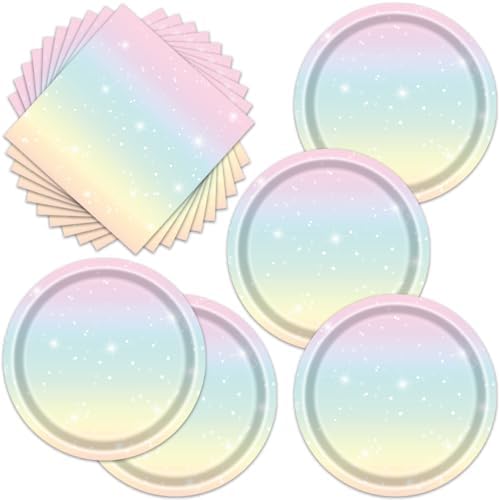 Egami 40pcs Pastel Birthday Supplies,include 20 Dessert plate and 20 Napkin,Rainbow Party Plate Napkin Set,Used for Rainbow Party Decoration by Egami