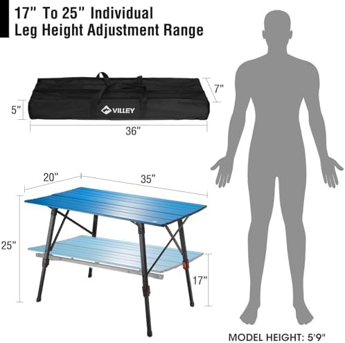 VILLEY Portable Camping Table with Adjustable Legs, Aluminum Folding Table - Image 3