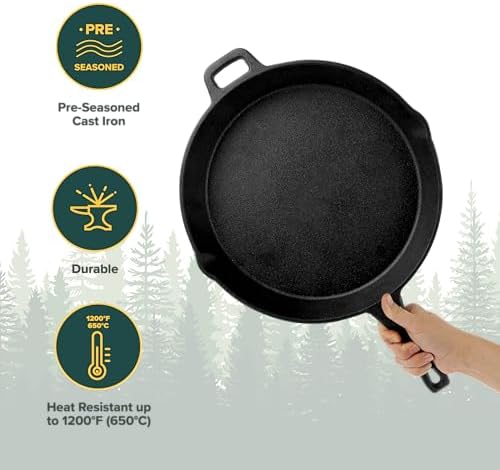 Coghlan's Cast Iron Skillet – 12-Inch Pre-Seasoned Frying Pan with Dual Pour Spouts & Helper Handle for Campfire Cooking, Stove, Grill, or Oven – Durable Outdoor Cookware - Image 2