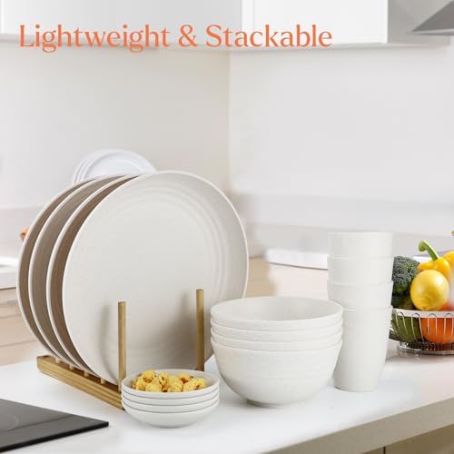 Wrova Wheat straw bowl and plate sets of 16 with cups - Unbreakable plastic dinnerware sets for kitchen - Microwave and Dishwasher safe dishes for kitchen,camping,indoors and out doors. White - Image 4