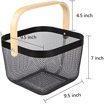 Mesh Steel Storage Organizer Basket Fruit Basket Bin with Wood Handle Ideal for Kitchen Bathroom Picnic Baskets Pantry Cabinets Storage Home Decor (Black) - Image 3