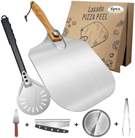 Pizza Peel and Pan Set, 6 Piece Pizza Oven Accessories, 12 Inch Metal Pizza Paddle with Foldable Wooden Handle, 8 Inch Metal Peel, Rocker Cutter, Server, Stainless Steel Plates and Tongs by Unknown