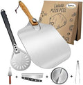 Pizza Peel and Pan Set, 6 Piece Pizza Oven Accessories, 12 Inch Metal Pizza Paddle with Foldable Wooden Handle, 8 Inch Metal Peel, Rocker Cutter, Server, Stainless Steel Plates and Tongs by Unknown
