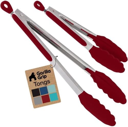 GORILLA GRIP Stainless Steel Kitchen Tongs for Cooking, 2 PK, Red by GorillaGrip