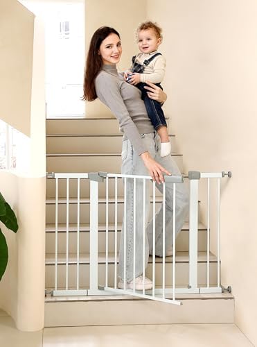 44.72"-46.89" Baby and Pet Safety Gate, 30" Tall Metal Walk-Thru Gate for Doorways & Stairs, Easy One-Hand Open, Dual Lock, Extensions & Wall Mounts Included (White, 29"-46" W x 30.5“H) by SafeGo