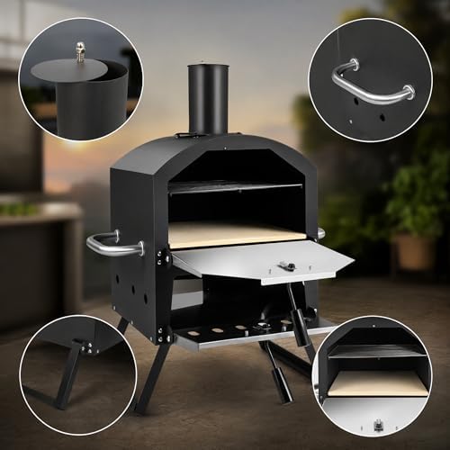 Wood Fired Outdoor Pizza Oven, Portable 2-Layer Pizza Maker with 12" Pizza Stone & Waterproof Cover – Folding Legs, Removable Rack for Camping, Backyard BBQ, Tailgating - Image 5