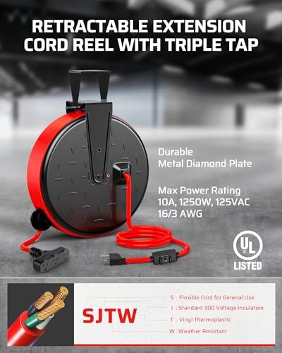 DEWENWILS Retractable Extension Cord Reel, Metal Reel with 30FT Power Cord - Image 2