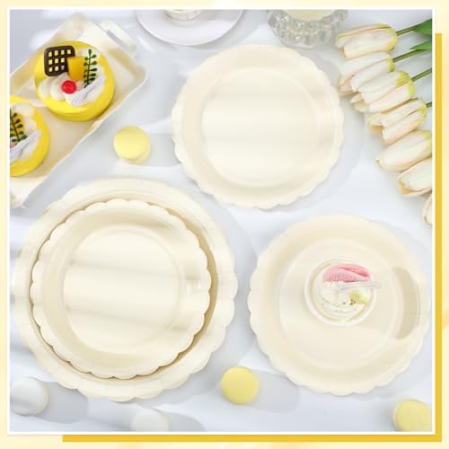 NatNarr 30 Pcs Dessert Plates Disposable, 7 Inch Ivory Wedding Paper Plates Scalloped Small Cake Appetizer Birthday Plate Cream Party Plate for Baby Bridal Shower, Engagement (Pack of 3) - Image 4