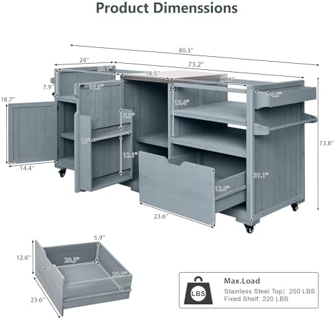 Outdoor Kitchen Island for Big Green Egg Grills, Grill Cart Table with Blackstone Griddle and Stainless Steel Top, Kitchen Storage Table with Cabinets and Drawer for 21"/28" Blackstone Griddle, Blue - Image 2