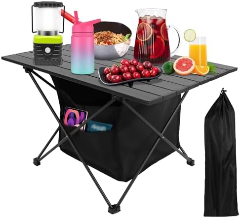 Camping Table with Storage, Lightweight Beach Table, Aluminum Portable Folding Table with Carry Bag for Outdoor, Travel, Picnic, BBQ, Cooking, Sand, RV (M) by Zorpupoa