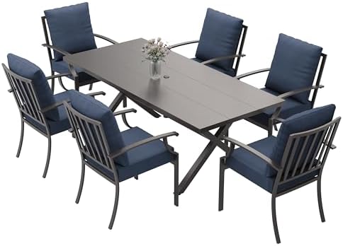 ALAULM 7-Piece Patio Dining Table and Chairs Outdoor Dining Set for 6 Patio Dining Sets with Rectangular Metal Table with Umbrella Hole for Patio, Backyard, Garden-DarkBlue - Image 6