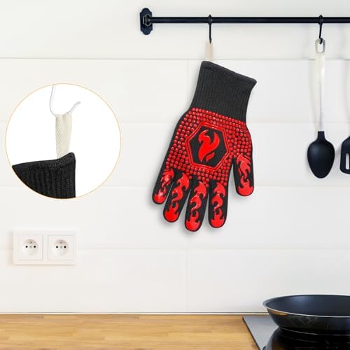 QUWIN BBQ Gloves, BBQ Accessories 1472℉ Extreme Heat Resistant, Grilling Gloves Silicone Non-Slip Oven Mitts, Kitchen Gloves for BBQ, Grilling, Cooking, Baking-1 Pair… (One Size Fits Most, Red) - Image 4