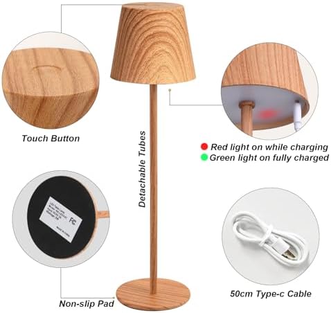 Kakanuo Wood Grain Cordless Table Lamp Rechargeable - 2 Pack 5000mAH Battery Operated Lamp for Counter, 3 Color Stepless Dimming Wireless Lamp for Dining Kitchen, Outdoor Patio, Touch Control - Image 4