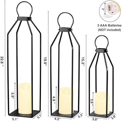 Perfnique Modern Farmhouse Lanterns, Set of 3 Black Metal Lanterns w/ 6hr Timer Flickering Flameless Candles, Decorative for Outdoor Decor, Front Porch, Indoor, Patio, Garden, Fireplace, Christmas - Image 3