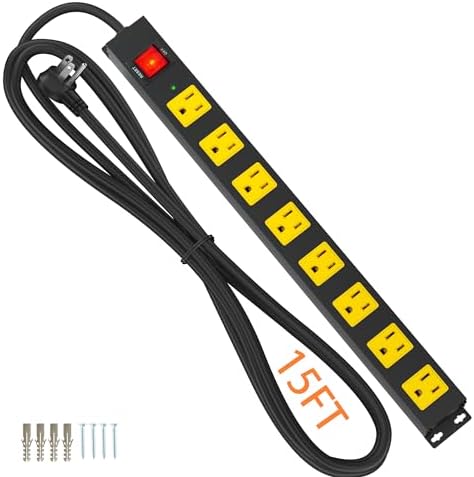 8 Outlet Power Strip 2100J Surge Protector, 15FT Heavy Duty Extension Cord Wide Spaced Outlet and Wall Mount Metal Powerstrip for Home Office Garage Workshop by Plugn