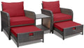 LEVELEVE Balcony Furniture 5 Piece Patio Conversation Set, PE Wicker Rattan Outdoor Lounge Chairs with Soft Cushions 2 Ottoman&Glass Table for Porch, Lawn-Brown Wicker（Wine Red by Enjoyyourlife