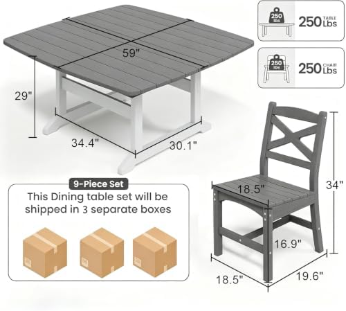 All Weather Patio Dining Table Set for 8, HDPE Heavy Duty Outdoor Rectangular Table & 8 Chairs, 9PCS Outdoor Furniture Set for Patio Garden Lawn, White and Grey - Image 3