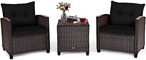 Tangkula 3 Pieces Patio Furniture Set, PE Rattan Wicker 3 Pcs Outdoor Sofa Set w/Washable Cushion and Tempered Glass Tabletop, Conversation Furniture for Garden Poolside Balcony (Black) by TANGKULA
